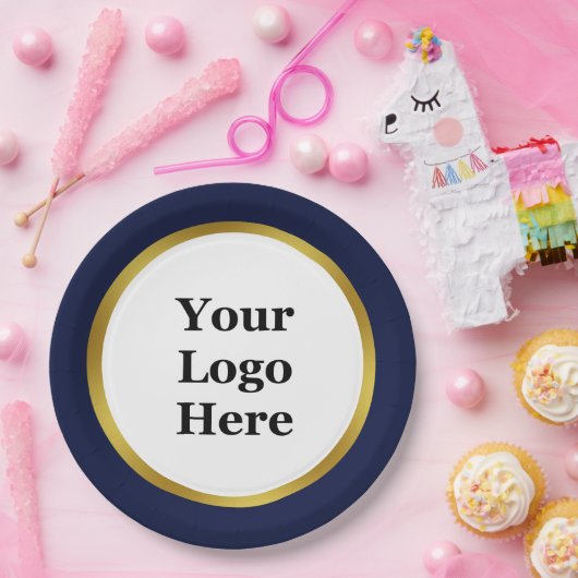 Elegant dunkelblau weiß und Gold Ihr Logo hier Pappteller (Party)