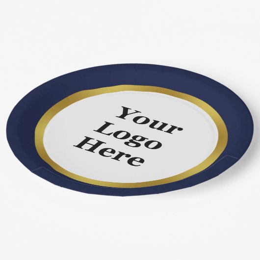 Elegant dunkelblau weiß und Gold Ihr Logo hier Pappteller (Schrägansicht)