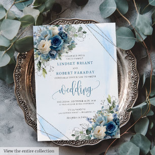 Elegant dunkelblaue Rose Silver Frame Wedding Einladung