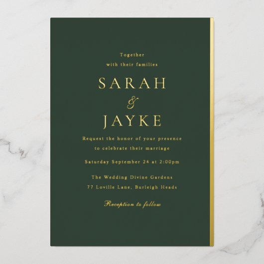 Elegant dunkelgrün Elegant Moderne Hochzeit Gold Folieneinladung (Vorderseite)