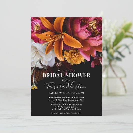 Elegant, dunkelrosa, gelb-gelbe Blumenbridal Einladung (Stehend Vorderseite)