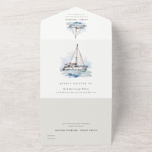 Elegant Dusky Sailboat Yacht Seascape Wedding All In One Einladung (Außenbereich)