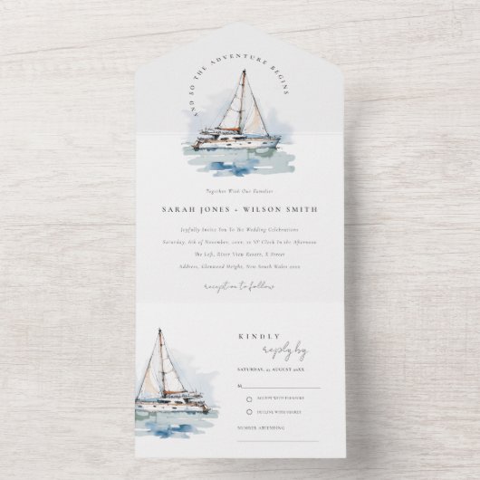 Elegant Dusky Sailboat Yacht Seascape Wedding  All In One Einladung (Innen Boden)