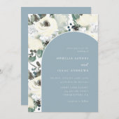 Elegant Dust Blue Watercolor Floral Arch Wedding Einladung (Vorne/Hinten)