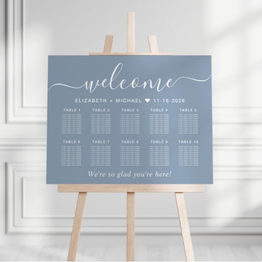Elegant Dusty Blue 10 Table Wedding Seating Chart Poster