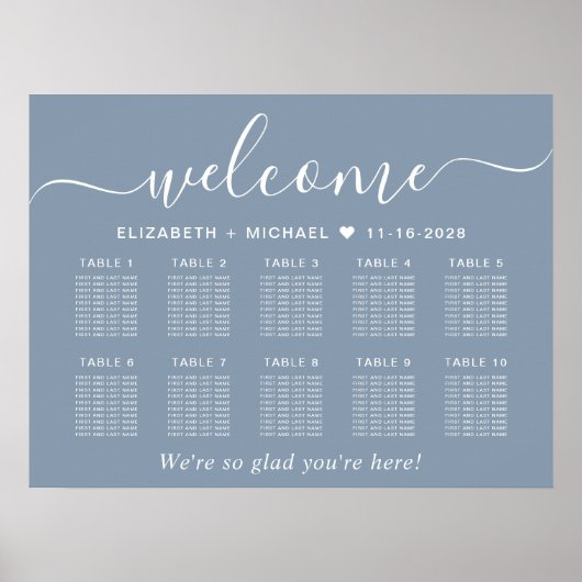 Elegant Dusty Blue 10 Table Wedding Seating Chart Poster (Vorne)