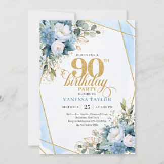 Elegant Dusty Blue 90th Birthday Floral Script Einladung