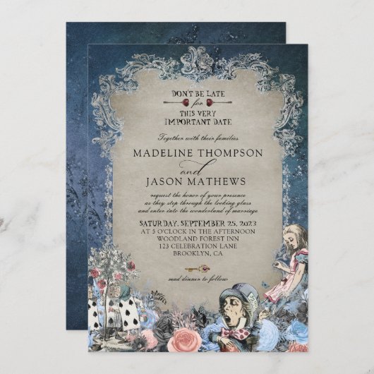 Elegant Dusty Blue Alice im Wunderland Wedding Einladung (Vorne/Hinten)