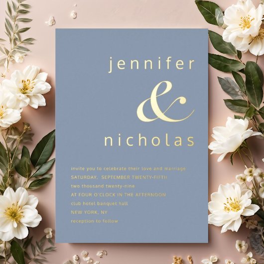 Elegant Dusty Blue Ampersand Wedding Gold Folieneinladung