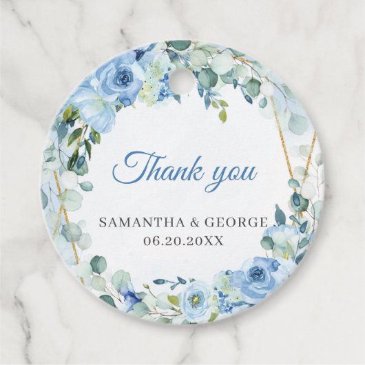 Elegant Dusty Blue and Gold Rahmen Hochzeit mit Fl Geschenkanhänger (Vorderseite)