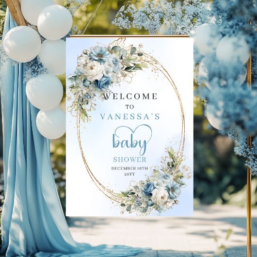 Elegant Dusty Blue Baby Shower Poster Gold Script 
