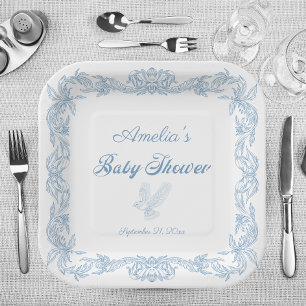 Elegant Dusty Blue Baroque Filigree Babydusche Pappteller