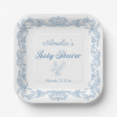 Elegant Dusty Blue Baroque Filigree Babydusche Pappteller (Vorderseite)