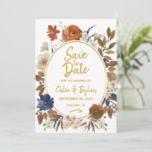 Elegant Dusty Blue Beige Brown Floral Save The Date (Stehend Vorderseite)