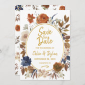 Elegant Dusty Blue Beige Brown Floral Save The Date (Vorne/Hinten)