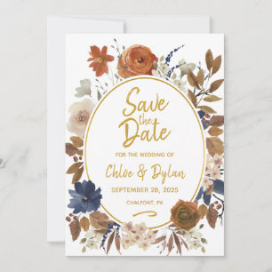 Elegant Dusty Blue Beige Brown Floral Save The Date
