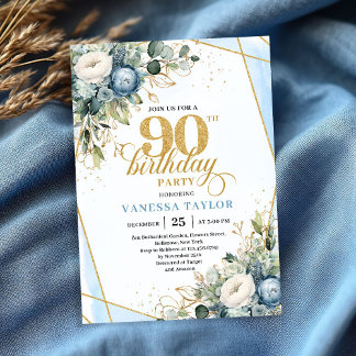 Elegant dusty blue blooms 90th birthday invite einladung