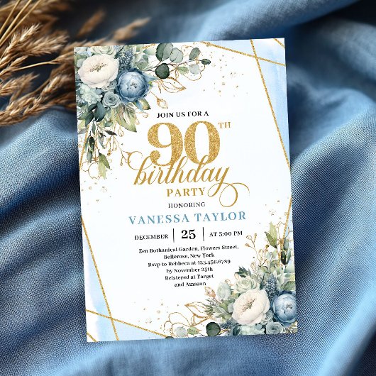 Elegant dusty blue blooms 90th birthday invite  einladung