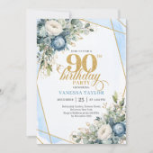 Elegant dusty blue blooms 90th birthday invite einladung (Vorderseite)