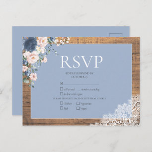 Elegant Dusty Blue Blush Bloral Lace Wedding RSVP Einladungspostkarte