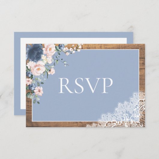 Elegant Dusty Blue Blush Bloral Lace Wood Wedding RSVP Karte (Vorne/Hinten)