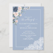 Elegant Dusty Blue Blush Lace Script Foto Wedding Einladung (Vorderseite)