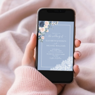 Elegant Dusty Blue Blush Lace Script Foto Wedding Einladung