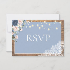 Elegant Dusty Blue Blush Rustic Wood Lace Script RSVP Karte