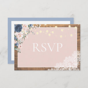 Elegant Dusty Blue Blush Rustic Wood Lace Script RSVP Karte