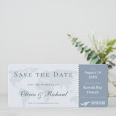 Elegant Dusty Blue Boarding Pass Save the Date Einladung (Stehend Vorderseite)