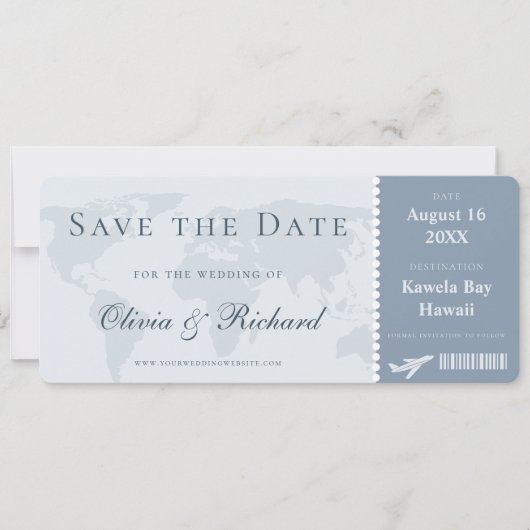 Elegant Dusty Blue Boarding Pass Save the Date Einladung (Vorderseite)