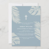 Elegant Dusty Blue Boho Blätter Cross Baptisse Einladung (Vorderseite)