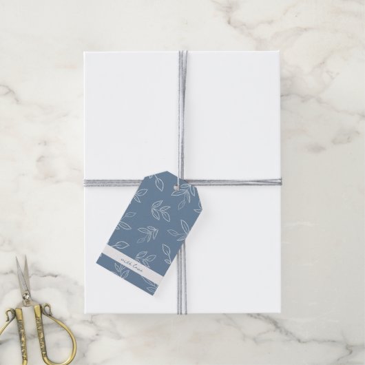 Elegant Dusty Blue Boho Blätter Muster Geschenkanhänger (Mit Garn)