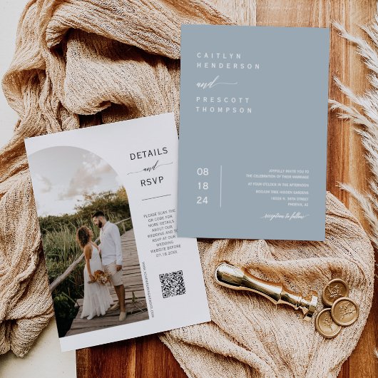 Elegant Dusty Blue Boho Foto QR Code Wedding Invi Einladung