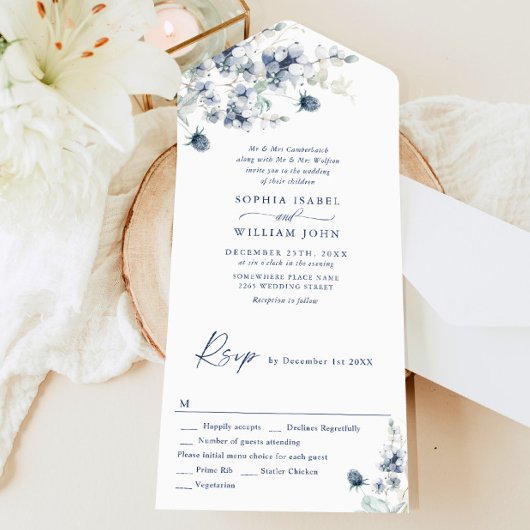 Elegant Dusty Blue Boho Winter Foliage Wedding All In One Einladung