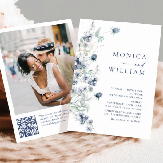 Elegant Dusty Blue Boho Winter Foliage Wedding Einladung