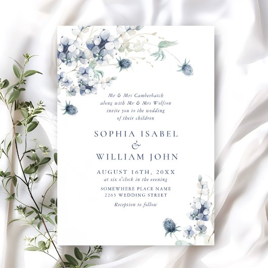 Elegant Dusty Blue Boho Winter Foliage Wedding Einladung