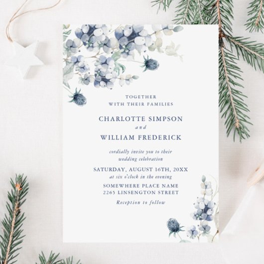 Elegant Dusty Blue Boho Winter Foliage Wedding Einladung