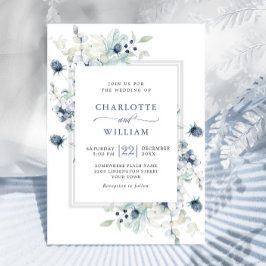 Elegant Dusty Blue Boho Winter Foliage Wedding Einladung