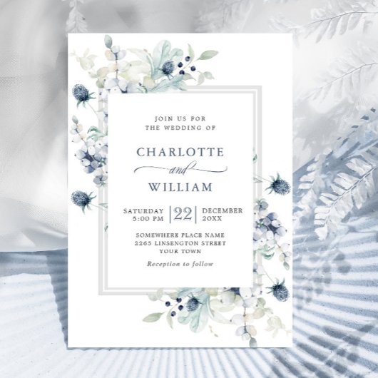 Elegant Dusty Blue Boho Winter Foliage Wedding Einladung