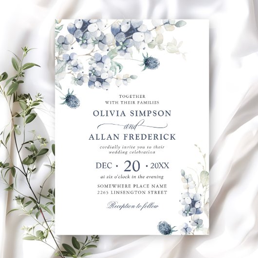 Elegant Dusty Blue Boho Winter Foliage Wedding Einladung