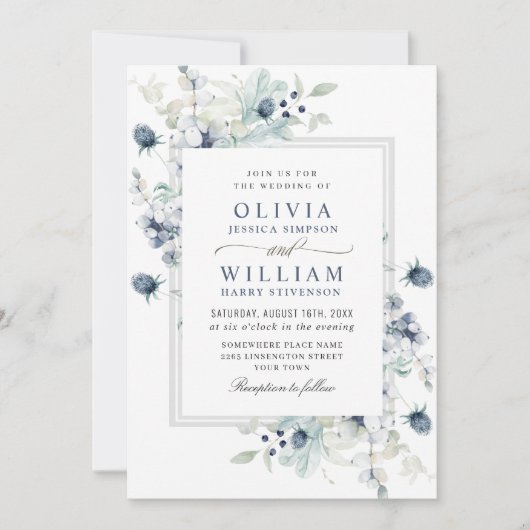 Elegant Dusty Blue Boho Winter Foliage Wedding Einladung (Vorderseite)