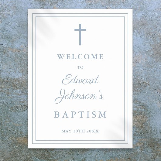 Elegant Dusty Blue Border Baptisse Welcome Sign Poster