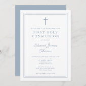 Elegant Dusty Blue Border First Holy Communion Einladung (Vorne/Hinten)