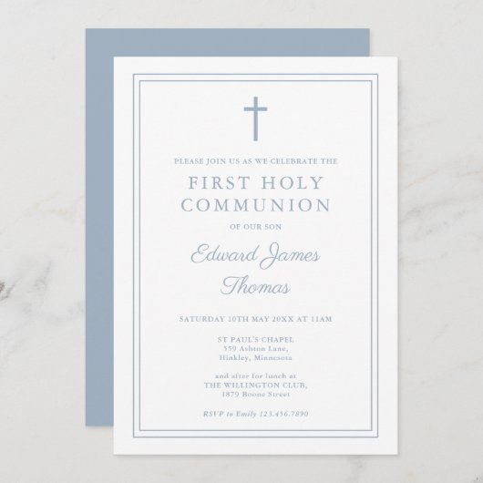 Elegant Dusty Blue Border First Holy Communion Einladung (Vorne/Hinten)
