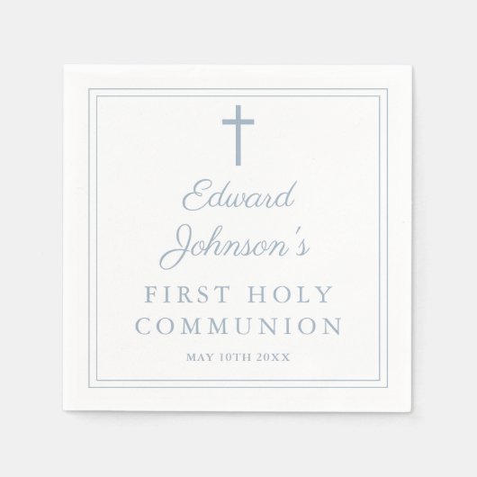 Elegant Dusty Blue Border First Holy Communion Serviette (Vorderseite)