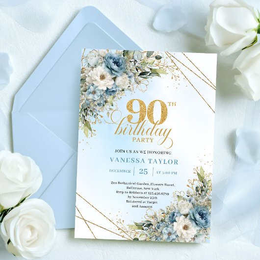 Elegant Dusty Blue Botanical 90th Birthday Invite Einladung