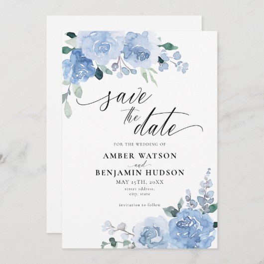 Elegant Dusty Blue Botanical Floral Save the Date Einladung (Vorne/Hinten)