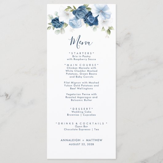 Elegant Dusty Blue Botanical Greenerity Wedding Menükarte (Vorderseite)