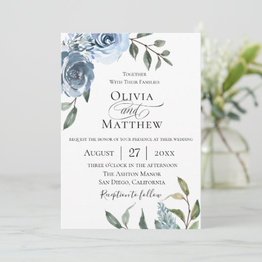 Elegant Dusty Blue Botanical Wedding Einladung (Stehend Vorderseite)